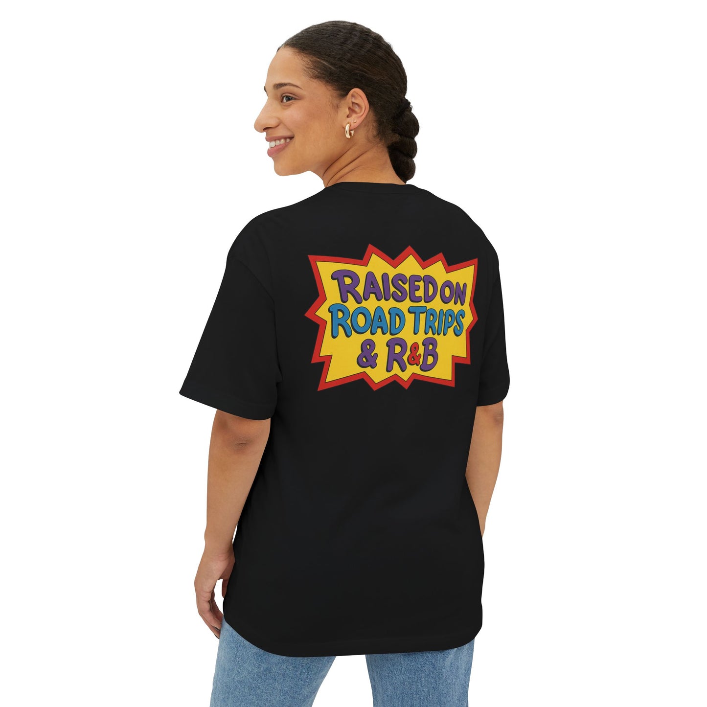 Raised on Road Trips & R&B” Oversized Tee – 90s Retro Graphic Shirt