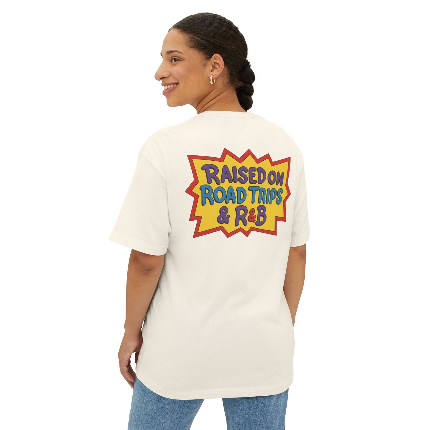 Raised on Road Trips & R&B” Oversized Tee – 90s Retro Graphic Shirt