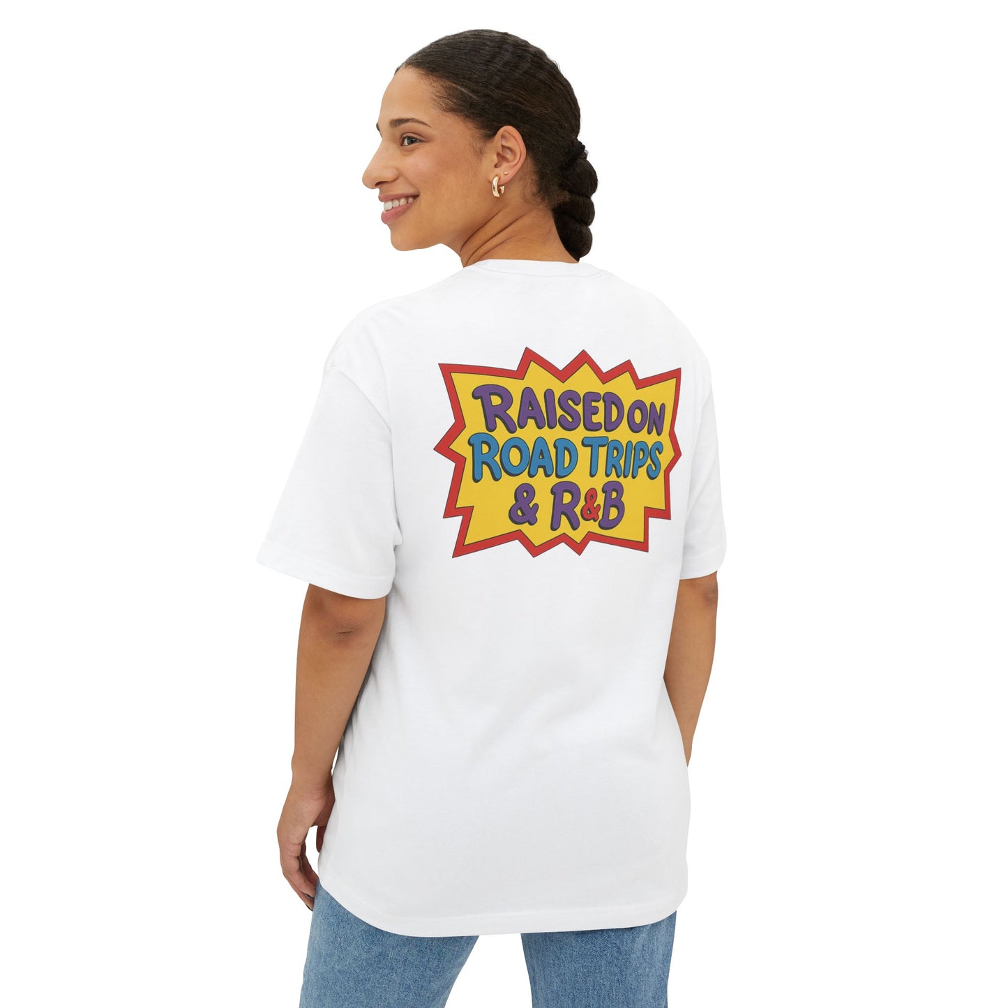 Raised on Road Trips & R&B” Oversized Tee – 90s Retro Graphic Shirt